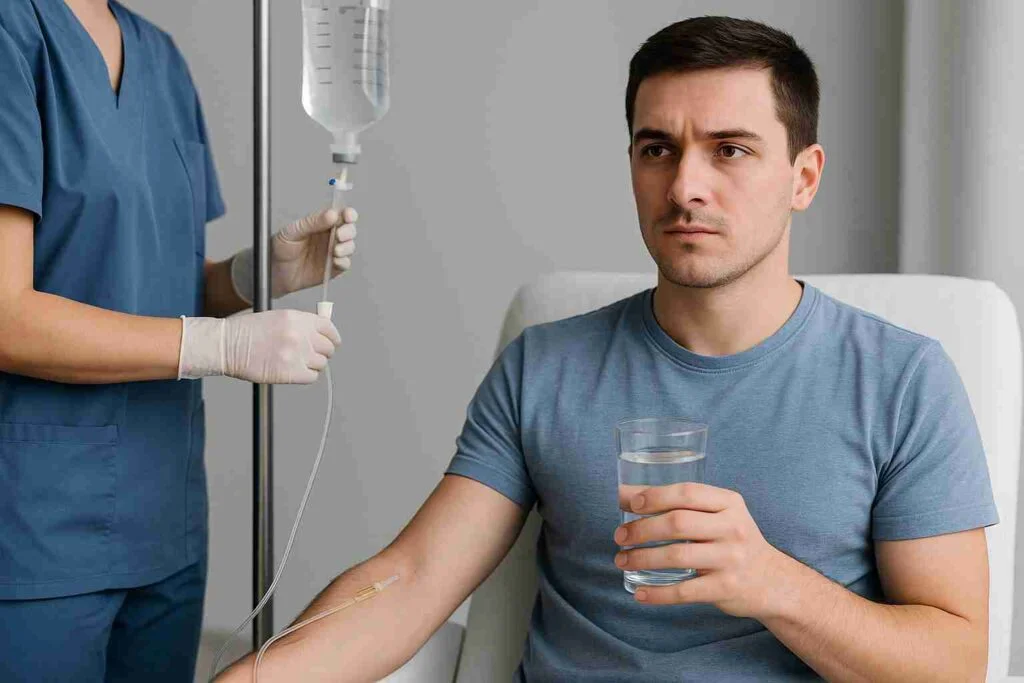 A man undergoing IV hydration therapy while holding a glass of water, highlighting the effectiveness of IV treatment compared to drinking water